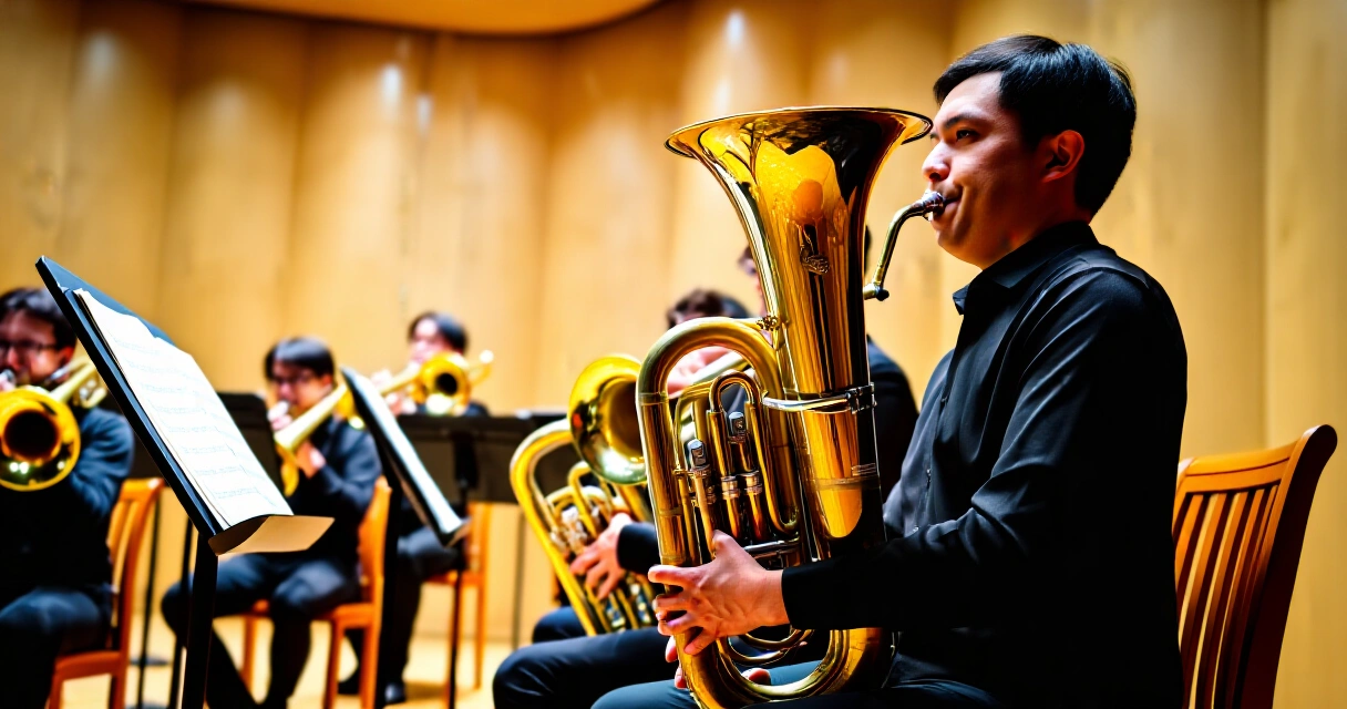 Tuubansoittaja sinfoniaorkesterin harjoituksissa vaskisoittimien kanssa